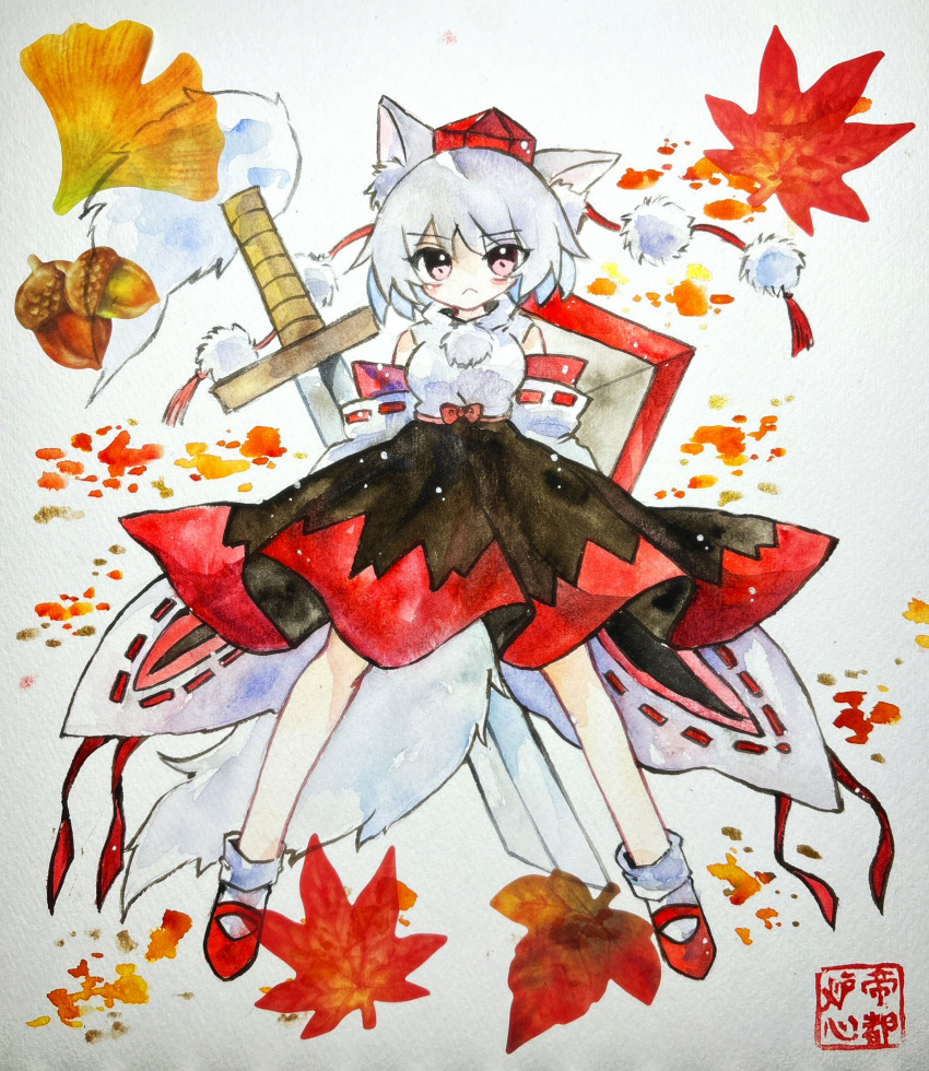 1girl, :<, acorn, animal_ears, black_skirt, closed_mouth, commentary_request, detached_sleeves