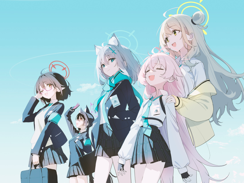 5girls, absurdly_long_hair, absurdres, ahoge, animal_ear_fluff, animal_ears, arm_up, armband
