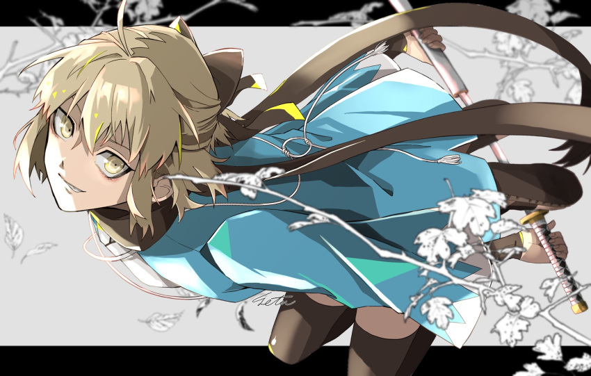 1girl, ahoge, bent_over, black_bow, black_scarf, blonde_hair, bow, fate/grand_order