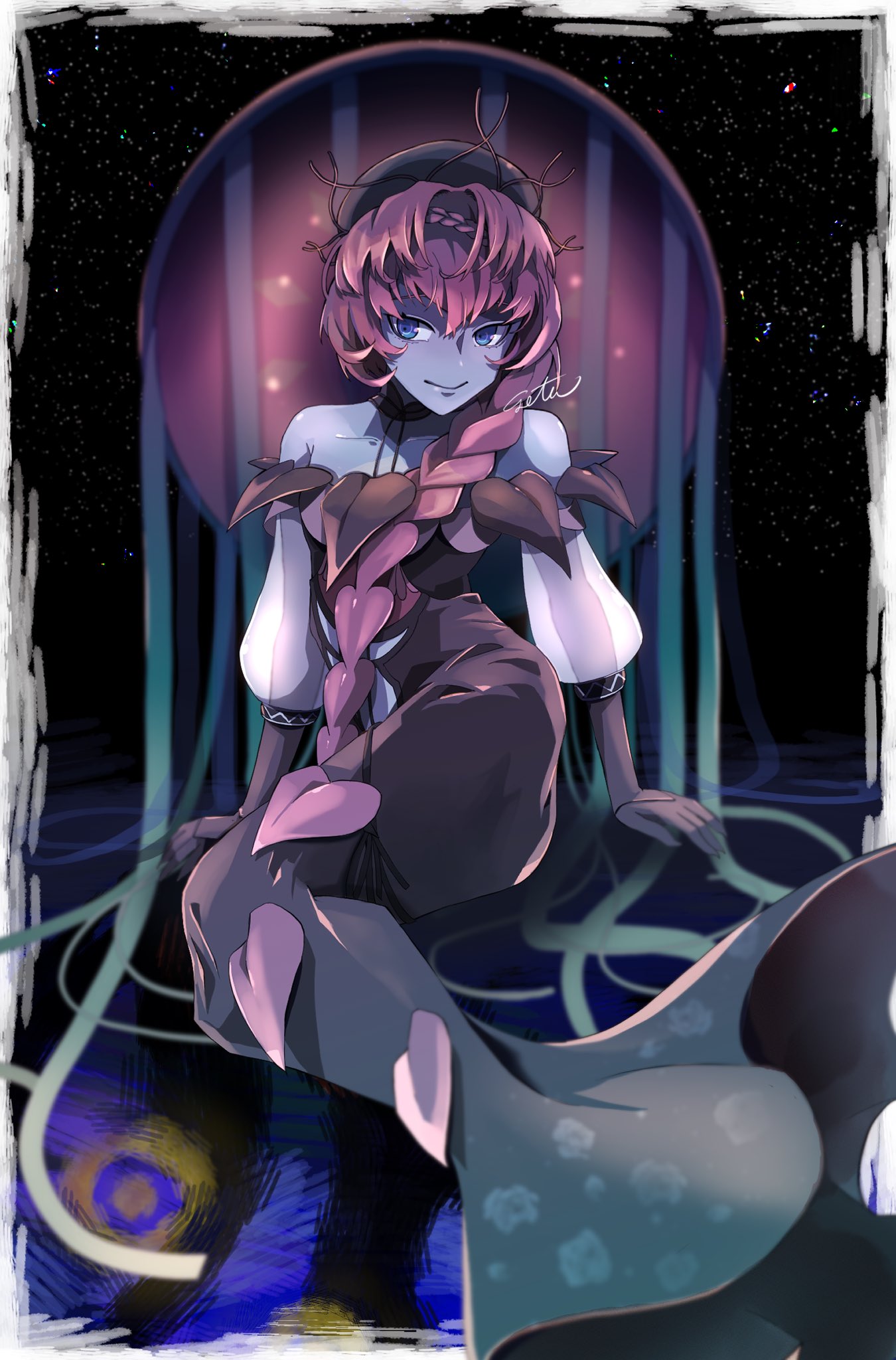 1girl, bare_shoulders, black_dress, blue_eyes, blue_skin, braid, colored_skin, crown_braid