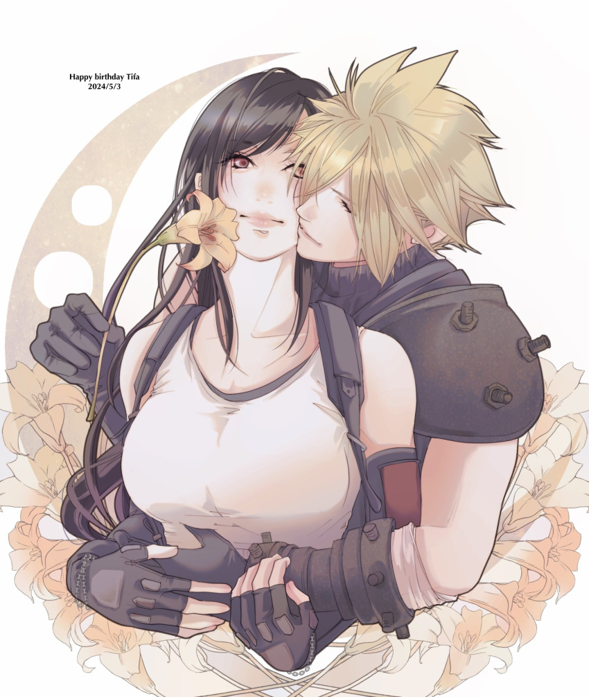 1boy, 1girl, armor, bare_shoulders, black_gloves, black_hair, blonde_hair, breasts