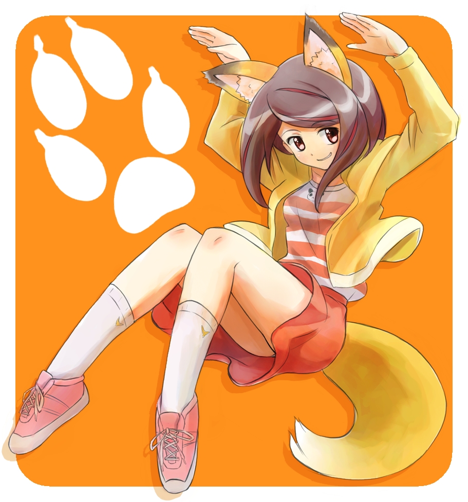 anyamal_tantei_kirumin_zoo, arms_up, bad_id, brown_eyes, brown_hair, casual, fox_ears, fox_tail, grin, long_hair, miyabe_kasumi, nyama, pose, shoes, short_hair, smile, sneakers, socks, tail