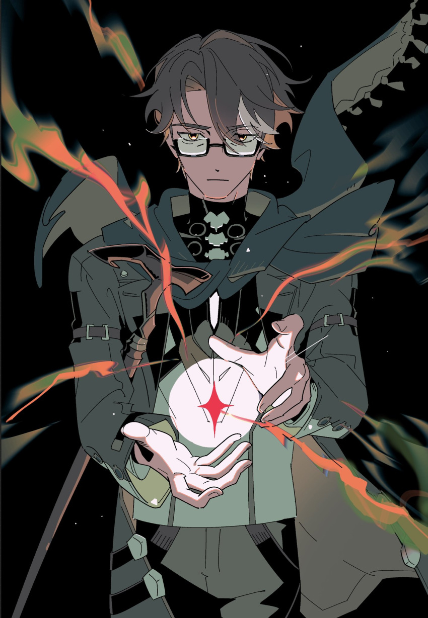 1boy, black_background, black_pants, brown_hair, cane, closed_mouth, english_commentary, glasses, hands_up, highres, holding, holding_cane, honkai:_star_rail, honkai_(series), jacket, long_sleeves, looking_at_viewer, male_focus, pants, robodumpling, scarf, semi-rimless_eyewear, short_hair, simple_background, solo, turtleneck, upper_body, welt_yang, yellow_eyes