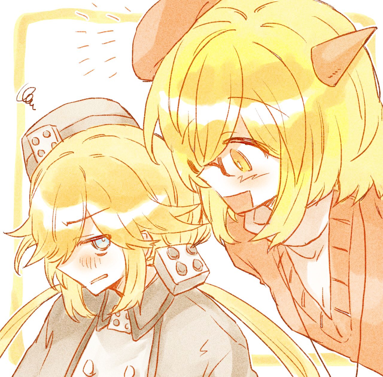 2girls, blonde_hair, blue_eyes, blush, border, bright_pupils, buttons, capelet, closed_mouth, froze_(funamusea), funamusea, green_hair, grey_capelet, grey_hat, haiiro_teien, hat, highres, horns, jewelry, long_hair, looking_at_another, low_twintails, multiple_girls, necklace, open_mouth, orange_eyes, red_beret, red_hat, red_sweater, shirt, short_hair, sidelocks, single_horn, smile, squiggle, sweater, teeth, tsundere, twintails, very_long_hair, vmein_46, white_background, white_pupils, white_shirt, yellow_border, yosafire_(funamusea)