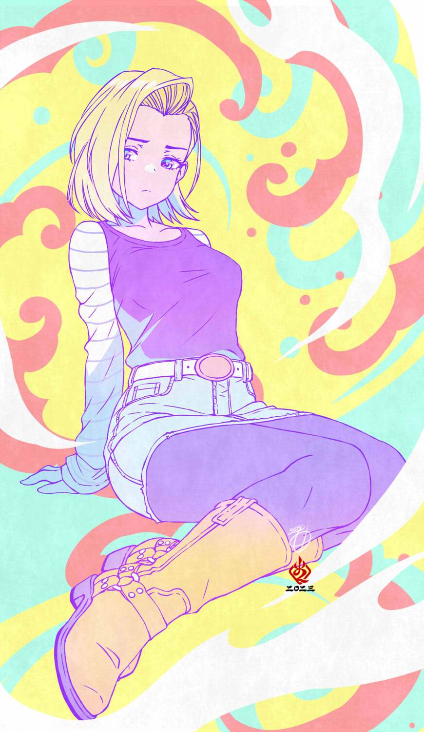1girl, android_18, belt, black_pantyhose, black_shirt, blonde_hair, blue_skirt, boots