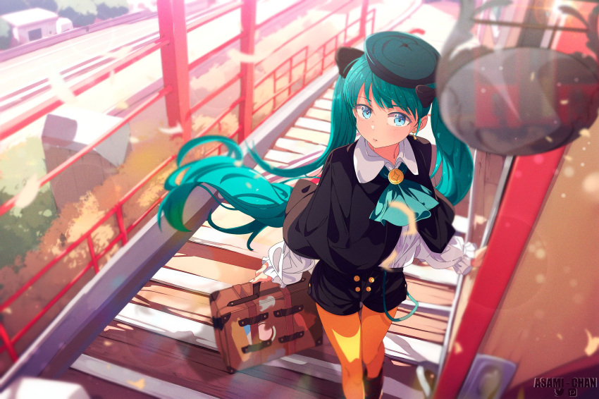 1girl, aqua_hair, asami-chan, black_bow, black_capelet, black_shorts, blue_eyes, bow