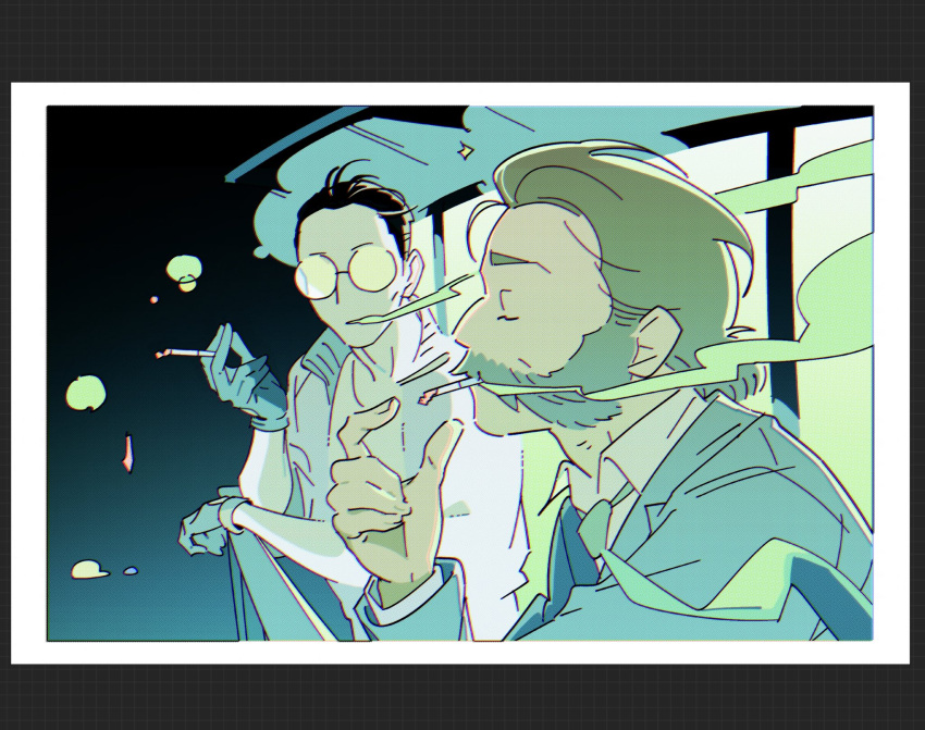2boys, arms_up, balcony, black_background, black_hair, blue_background, cigarette, closed_eyes
