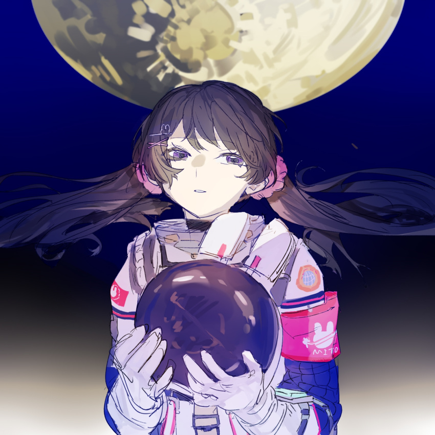 1girl, astronaut, black_background, black_hair, blue_background, floating_hair, gloves, gradient_background
