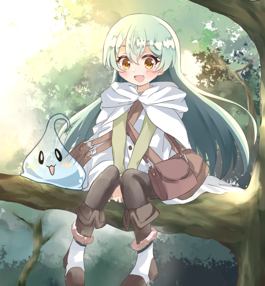 1girl, :d, bag, between_legs, boots, cape, day, green_hair