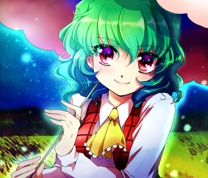 ascot, chigo, field, fireflies, glowing, gradient_hair, green_hair, kazami_yuuka