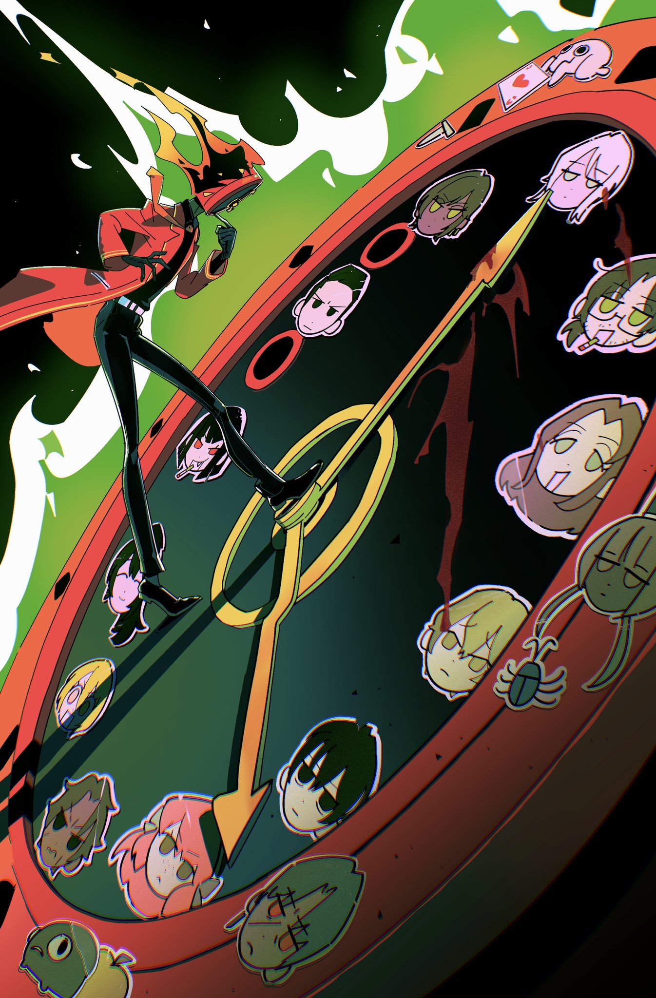 1other, analog_clock, black_footwear, black_gloves, black_pants, black_shirt, blood, blubbering_toad_(project_moon)