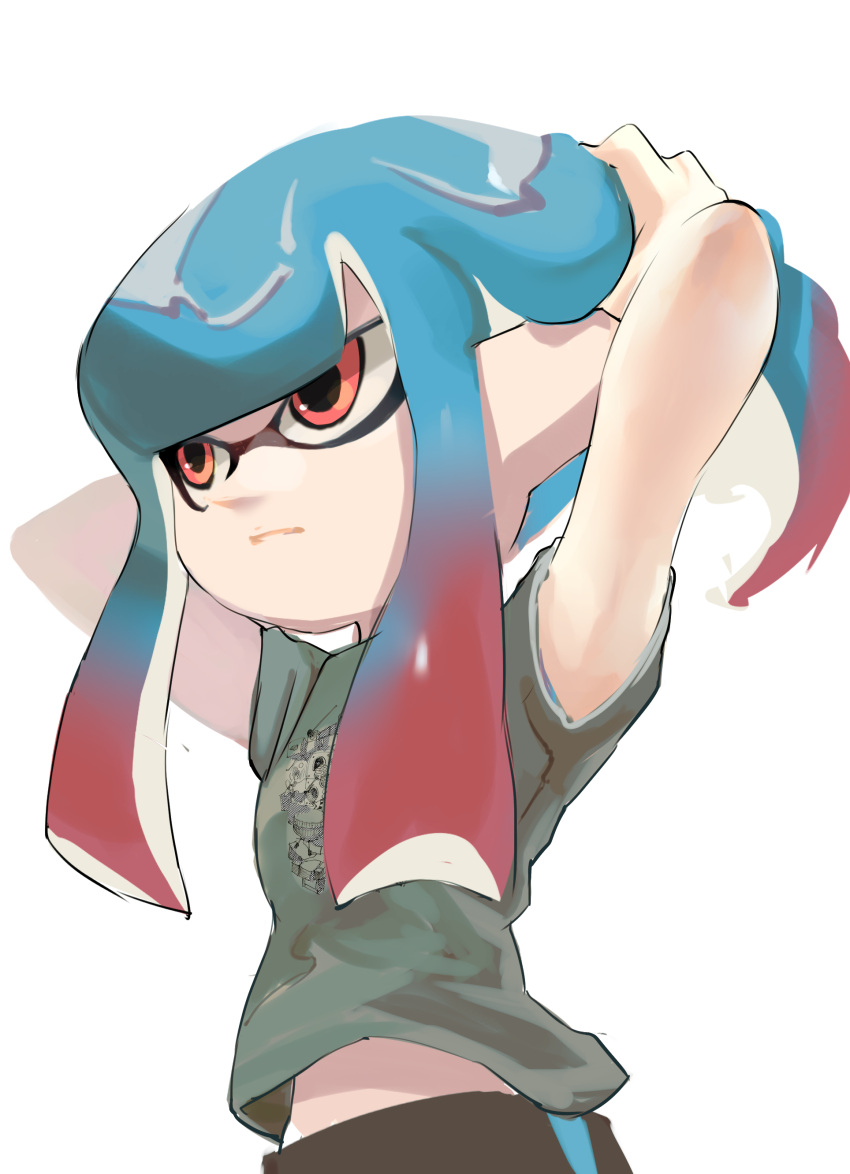 1girl, absurdres, arms_up, band_shirt, blue_hair, blunt_bangs, closed_mouth, expressionless, gradient_hair, grey_shirt, highres, holding, holding_hair, inkling, koike3582, light_blue_hair, long_hair, merchandise, multicolored_hair, omega-chan_(splatoon), red_eyes, redhead, shirt, short_sleeves, simple_background, single_vertical_stripe, solo, splatoon_(manga), splatoon_(series), t-shirt, tentacle_hair, two-tone_hair, white_background