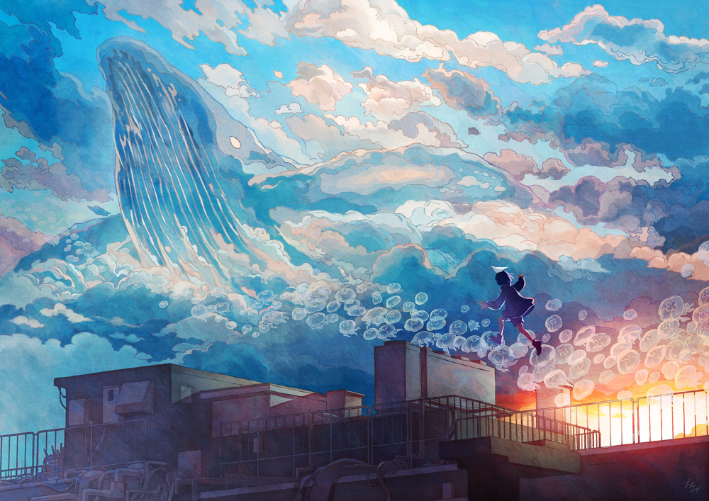 1other, ambiguous_gender, building, clouds, commentary_request, dawn, flying_whale, jellyfish