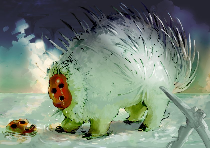 commentary_request, from_side, full_body, made_in_abyss, monster, no_humans, pickaxe, rinchanyan