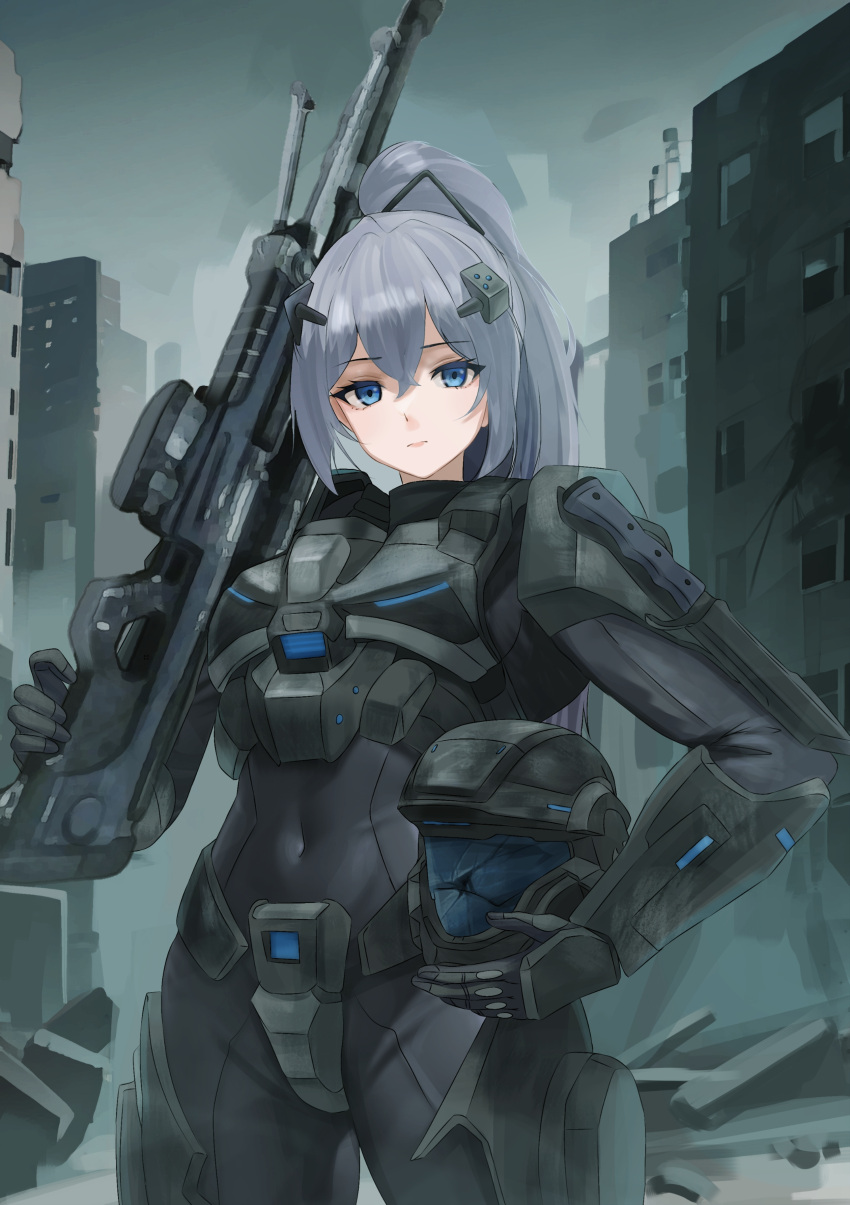 1girl, absurdres, armor, azur_lane, black_bodysuit, blue_eyes, bodysuit, building, chest_armor, closed_mouth, commission, commissioner_upload, crossed_bangs, dgkamikaze, gauntlets, gloves, grey_hair, gun, hair_ornament, halo_(series), halo_3:_odst, helmet, high_ponytail, highres, holding, holding_helmet, holding_weapon, intrepid_(azur_lane), knife, long_hair, looking_at_viewer, non-web_source, odst, rifle, shoulder_armor, sniper_rifle, urban, weapon