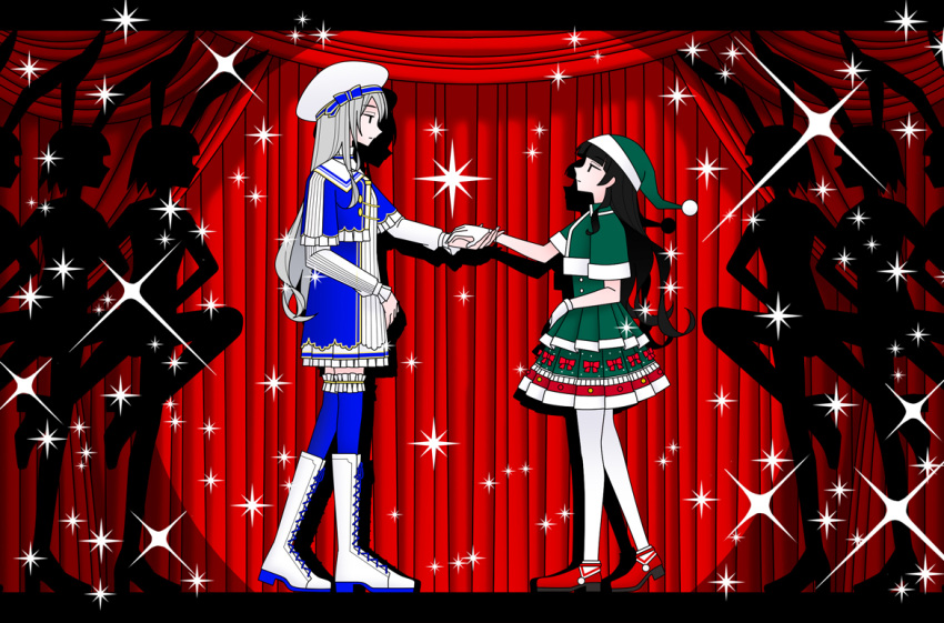 6+girls, beret, black_eyes, black_hair, blue_dress, blue_jacket, blue_thighhighs, blunt_bangs, boots, closed_mouth, commentary_request, cropped_jacket, cross-laced_footwear, dress, drop_shadow, expressionless, eye_contact, from_side, gloves, green_dress, green_hat, green_jacket, grey_hair, hat, heel_up, higuchi_kaede, higuchi_kaede_(7th_costume), hinoyama_ena, holding_hands, jacket, jitome, knee_boots, kumeta_kouji_(style), layered_sleeves, long_hair, long_sleeves, looking_at_another, multiple_girls, nijisanji, profile, recurring_image, red_footwear, santa_dress, santa_hat, short_dress, short_over_long_sleeves, short_sleeves, silhouette, sparkle, spotlight, stage, stage_curtains, thigh-highs, tsukino_mito, tsukino_mito_(7th_costume), virtual_youtuber, white_footwear, white_gloves
