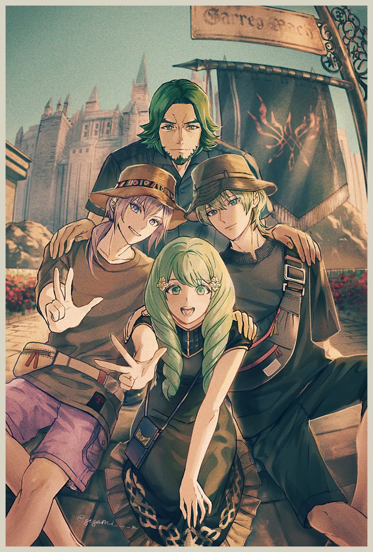 1girl, 3boys, beard, byleth_(fire_emblem), byleth_(male)_(fire_emblem), drill_hair, facial_hair, fire_emblem, fire_emblem:_three_houses, flayn_(fire_emblem), green_eyes, green_facial_hair, green_hair, multiple_boys, sesami_n, seteth_(fire_emblem), twin_drills, yuri_leclerc
