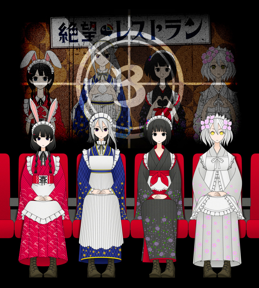 4girls, alternate_costume, amemori_sayo, animal_ears, animal_print, anniversary, apron, artist_self-reference