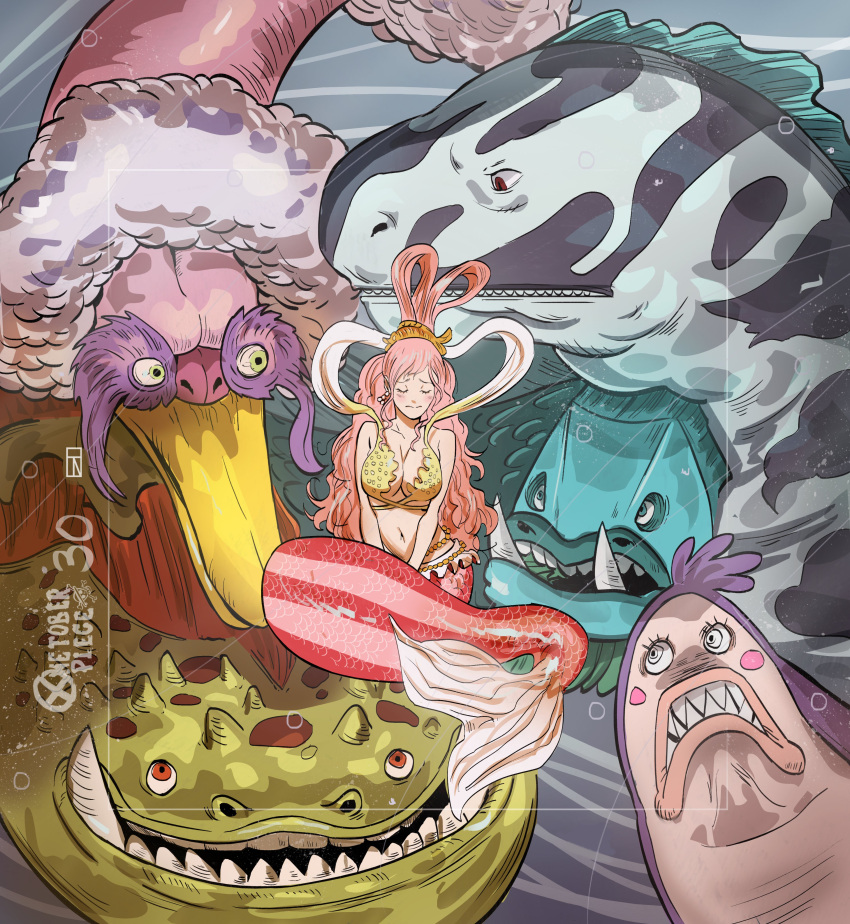 1girl, absurdres, bikini, blush_stickers, bubble, closed_eyes, copyright_name, english_commentary, fish, fish_hair_ornament, hagoromo, hair_ornament, half_updo, highres, iago_fn, long_hair, looking_at_another, mermaid, monster, monster_girl, one_piece, pink_hair, sea_king_(one_piece), sharp_teeth, shawl, shirahoshi, swimsuit, teeth, tusks, underwater, very_long_hair, yellow_bikini