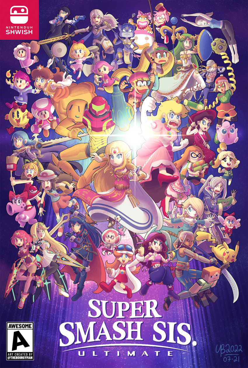6+girls, alex_(minecraft), amy_rose, animal_crossing, arm_cannon, arm_up, armor, arms_(game)