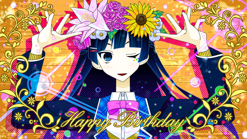 1girl, black_jacket, blazer, blue_hair, blush, bow, bowtie, collared_shirt