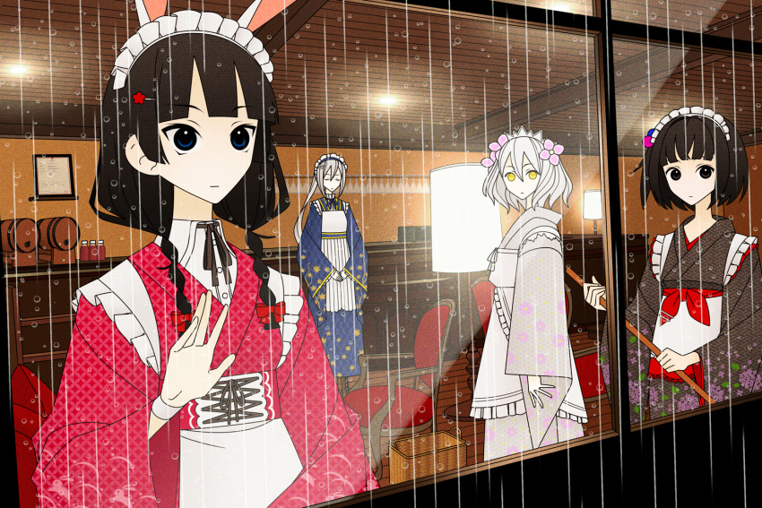 4girls, amemori_sayo, apron, black_hair, blue_eyes, blue_kimono, braid, broom