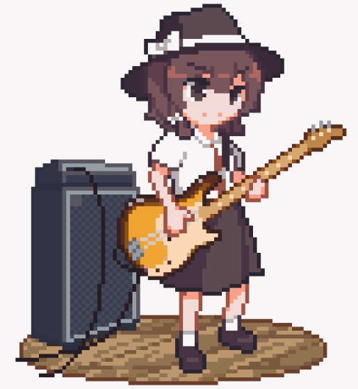 1girl, amplifier, animated, animated_gif, bass_guitar, black_footwear, black_hat, black_skirt