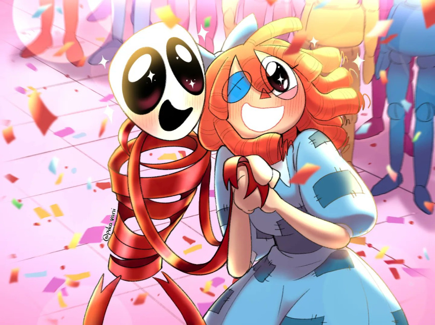 2girls, blush, bow, brown_eyes, button_eyes, buttons, crowd, dress