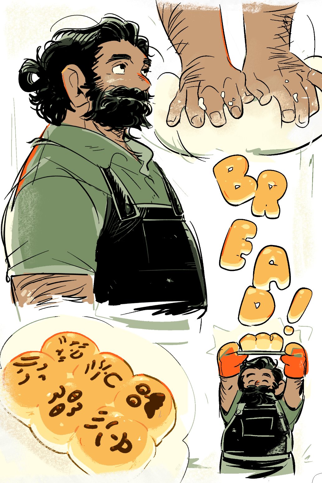 1boy, apron, arm_hair, arms_up, beard, beard_over_mouth, black_apron, black_eyes