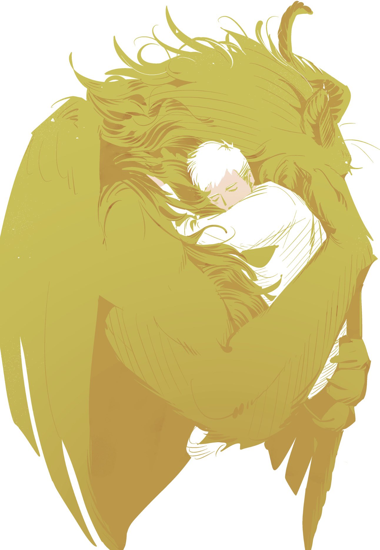 2boys, animal_ears, carrying, carrying_person, claws, closed_eyes, dungeon_meshi, feathered_wings, furry, furry_male, hand_up, hands_up, highres, horns, hug, laios_touden, limited_palette, lion_boy, lion_ears, long_sleeves, male_focus, multiple_boys, no_lineart, robodumpling, short_hair, simple_background, undercut, very_short_hair, white_background, white_hair, winged_lion_(dungeon_meshi), wings, yellow_fur, yellow_wings