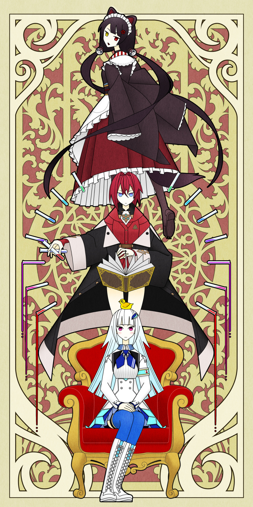 3girls, :3, ange_katrina, ange_katrina_(1st_costume), animal_ears, apron, armband, between_fingers