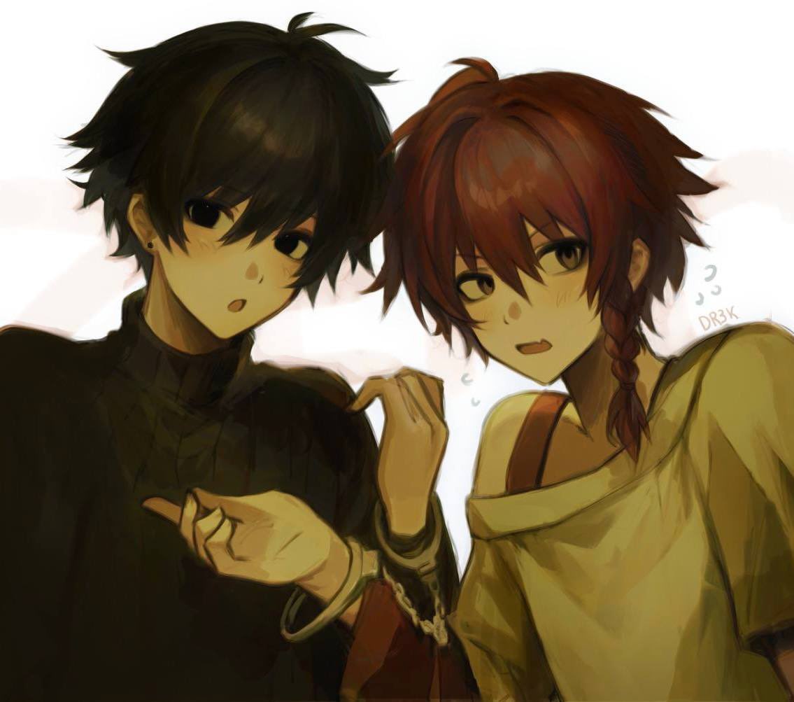 2boys, :o, androgynous, artist_name, black_hair, black_sweater, braid, collarbone