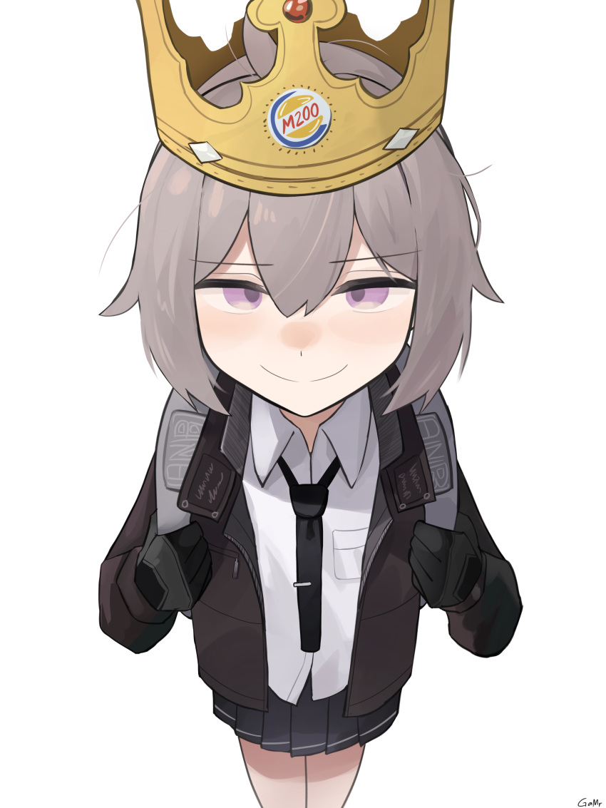 1girl, absurdres, ahoge, black_gloves, black_necktie, burger_king, collared_shirt, gamryous, girls_frontline, gloves, grey_hair, hair_between_eyes, highres, jacket, looking_at_viewer, m200_(girls'_frontline), necktie, paper_crown, shirt, smile, solo, violet_eyes, white_background, white_shirt