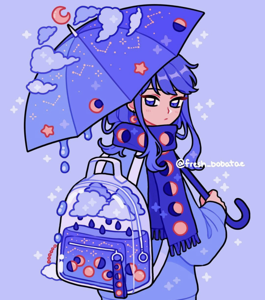 1girl, bag_charm, blue_background, blue_bag, blue_clouds, blue_eyes, blue_hair, blue_scarf