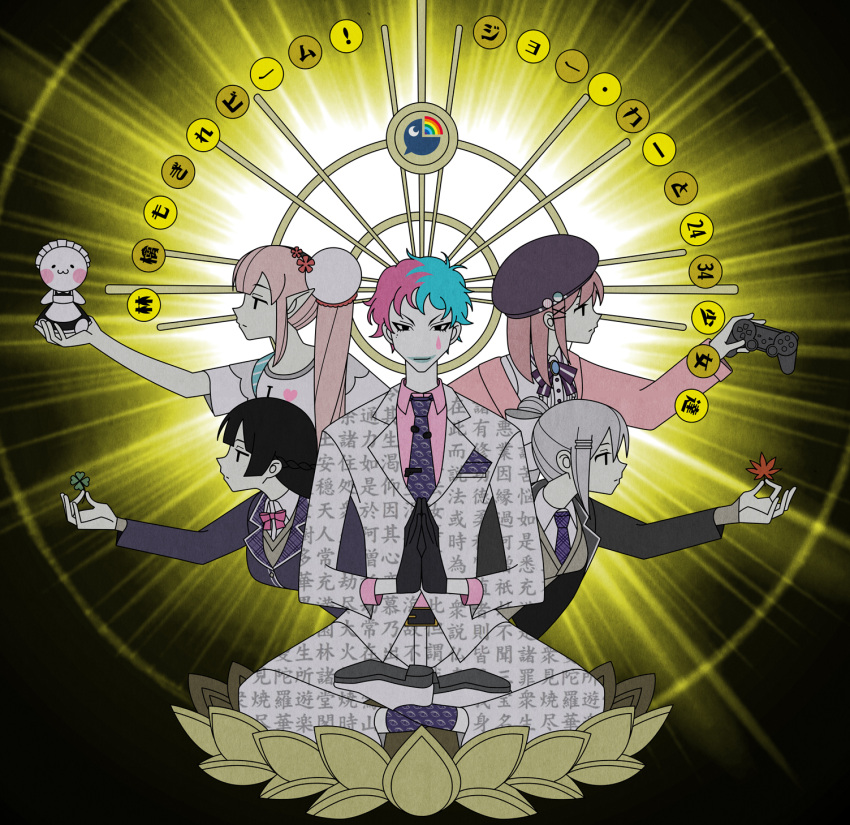 1boy, 4girls, behind_another, beret, black_background, black_eyes, black_gloves, black_hair