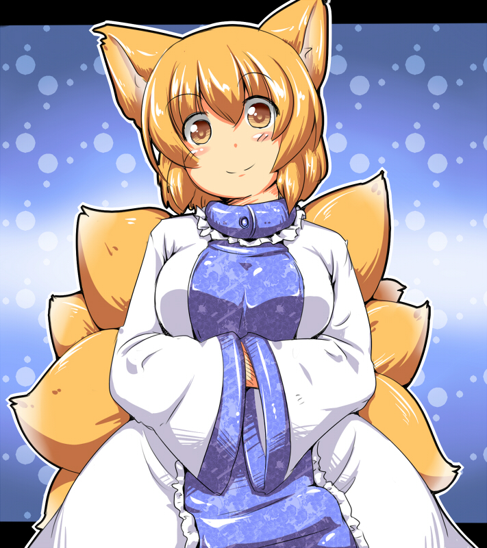blonde_hair, blush, breasts, fox_ears, fox_tail, hands_in_sleeves, multiple_tails, no_hat