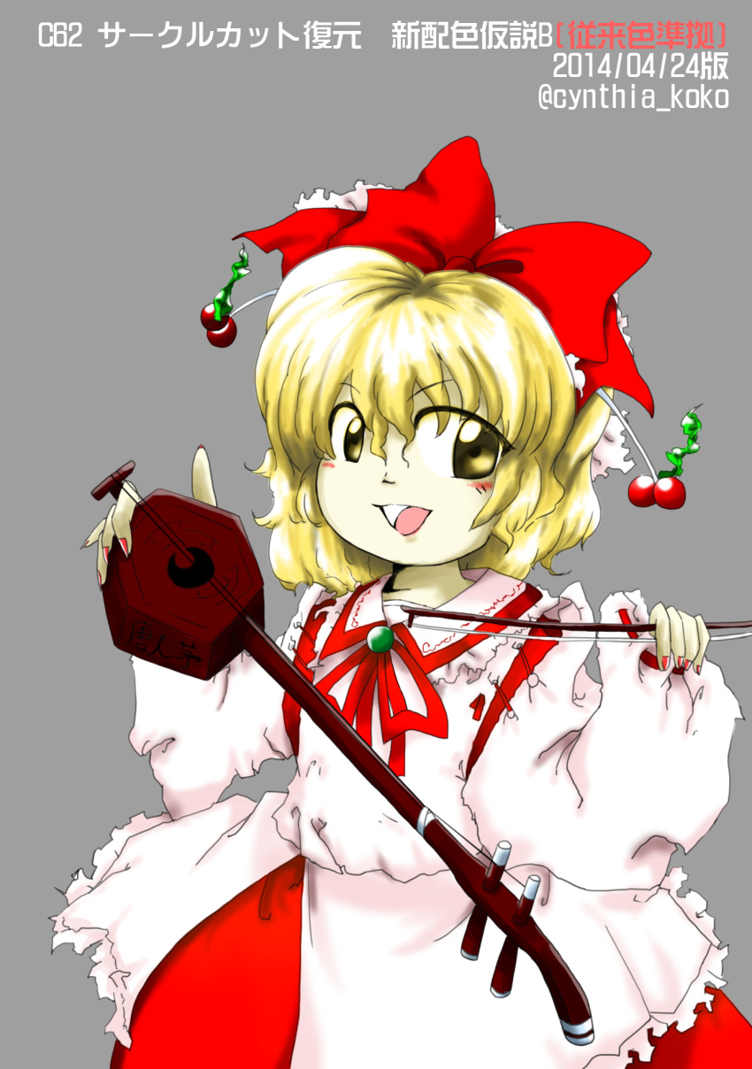 1girl, blonde_hair, bow, bow_(music), collared_shirt, commentary_request, dated, detached_sleeves