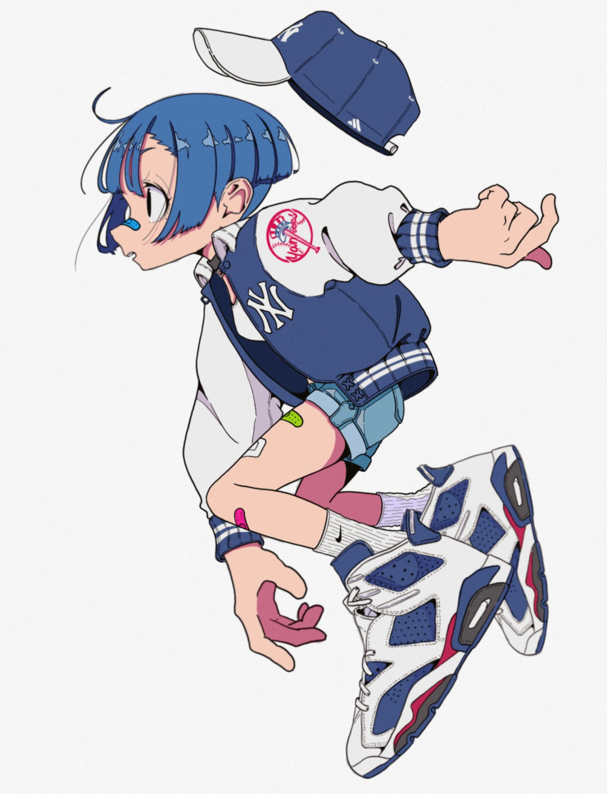 1girl, air_jordan, air_jordan_6, bandaid, bandaid_on_face, bandaid_on_leg, bandaid_on_nose, baseball_cap