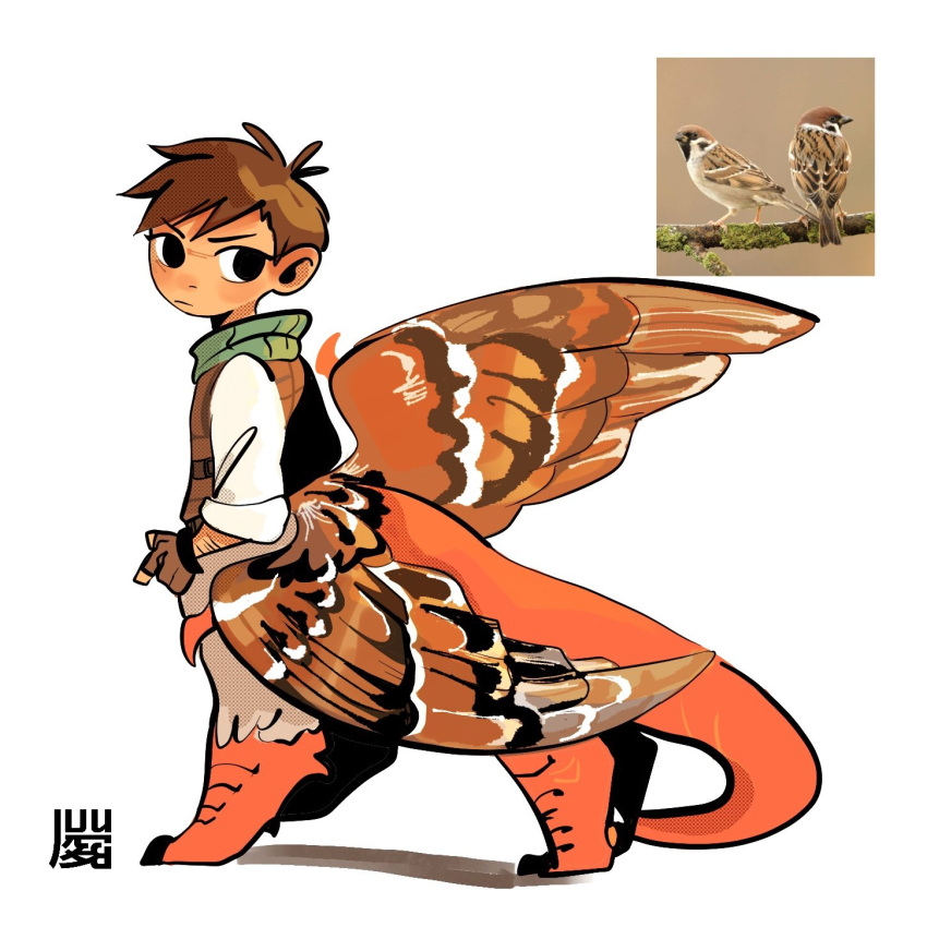 1boy, animal, arm_hair, bird, bird_wings, black_eyes, brown_gloves, brown_hair
