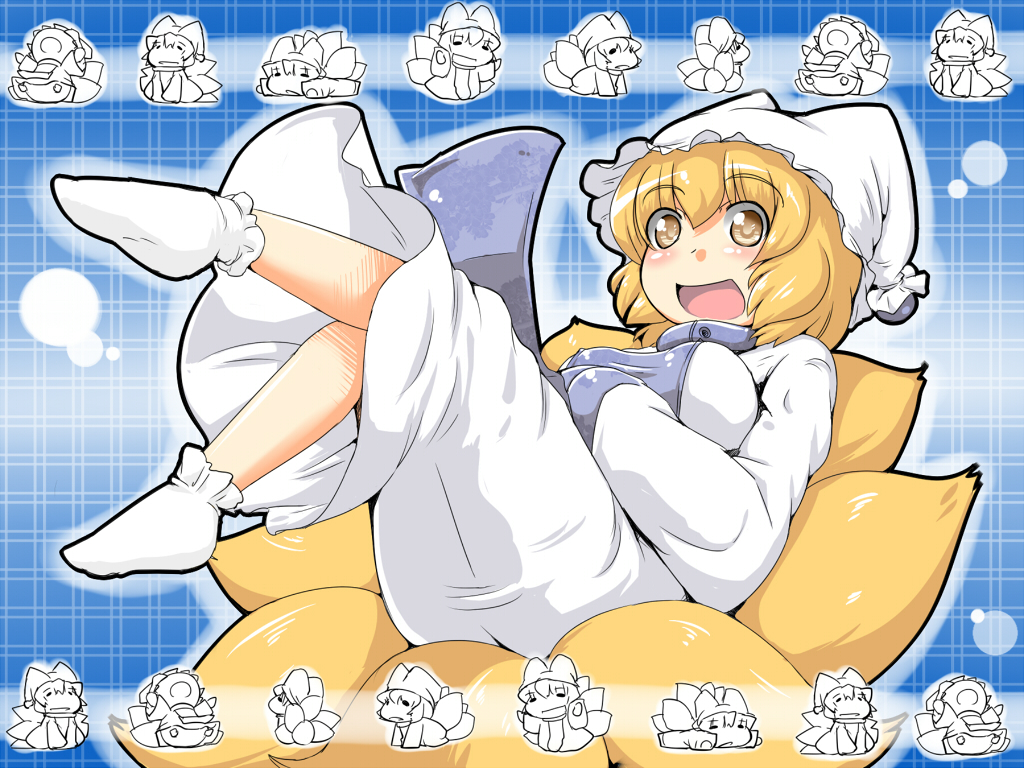 :d, chibi, hat, multiple_tails, open_mouth, smile, solo, suetsuki