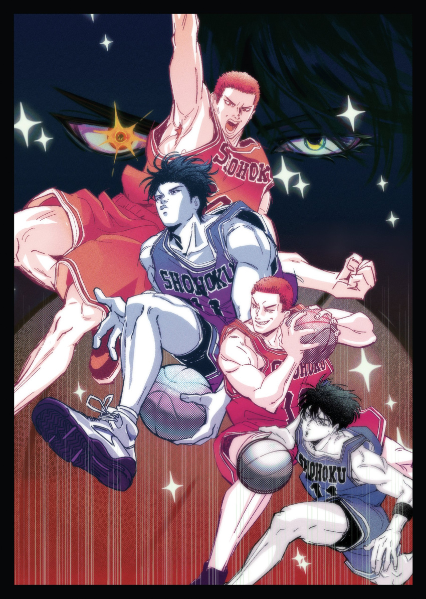 2boys, absurdres, arm_up, ball, basketball, basketball_(object), basketball_uniform, black_border