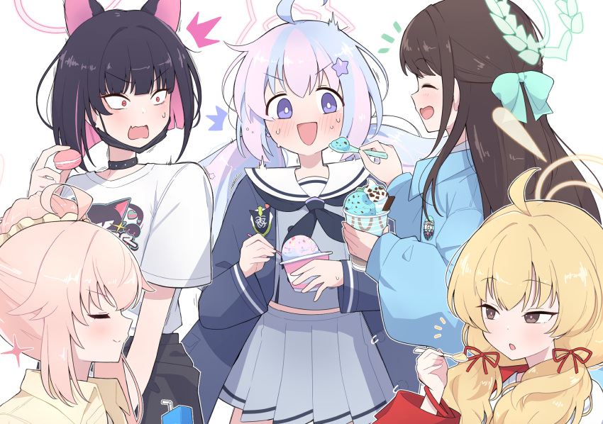 5girls, ^_^, airi_(band)_(blue_archive), animal_ears, black_choker, black_coat, black_hair, black_neckerchief