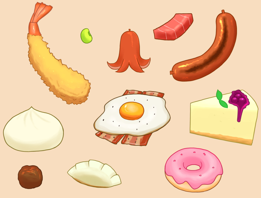 bacon, candy, cheesecake, egg_(food), food, food_focus, fried_egg, highres, meat, no_humans, original, otamajack, pink_background, sausage, shrimp, shrimp_tempura, sweets, tempura
