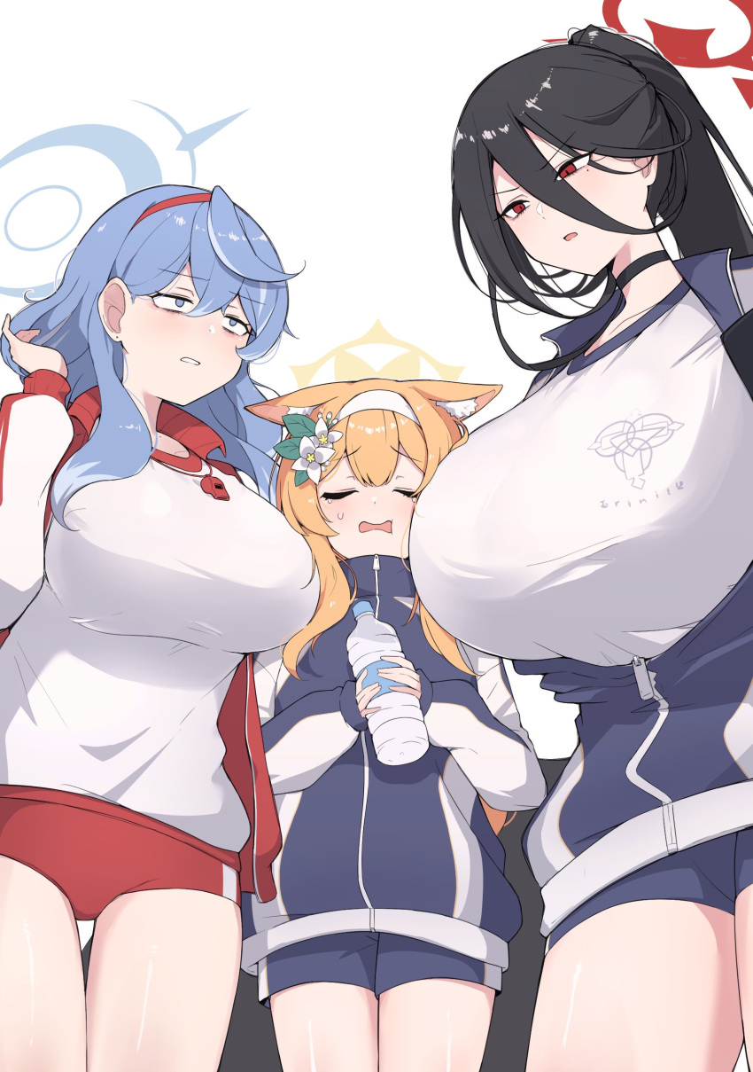 3girls, absurdres, ako_(track)_(blue_archive), animal_ear_fluff, animal_ears, between_breasts, black_hair, black_jacket