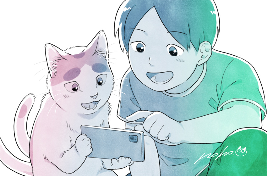 2boys, :d, cat, cellphone, child, family, highres, holding, holding_phone, matsuri6373, multiple_boys, nekomata, ooishi_buchio, ooishi_takumi, phone, shirt, smartphone, smile, t-shirt, tonari_no_youkai-san, white_background