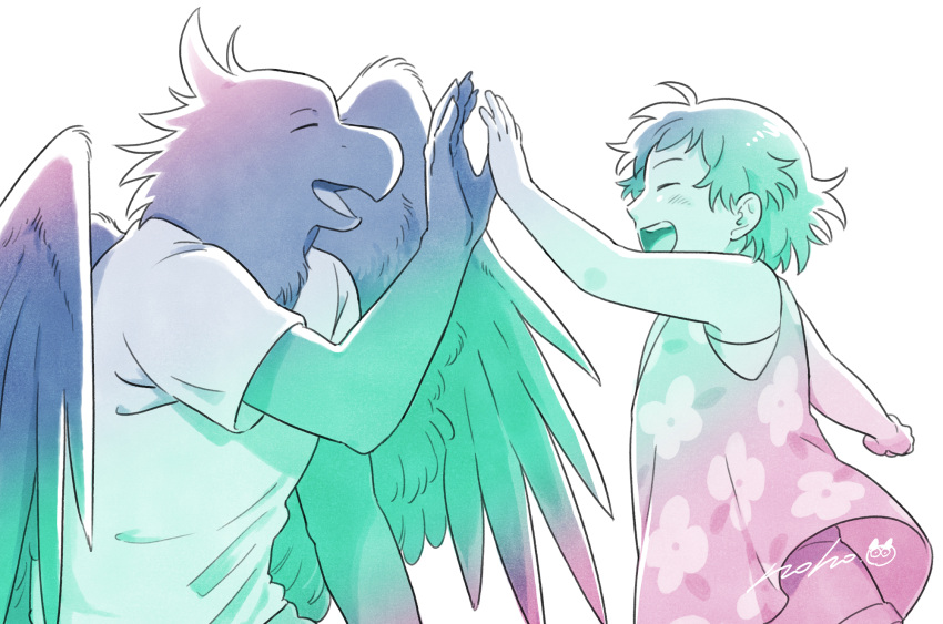 1boy, 1girl, :d, artist_name, black_wings, closed_eyes, dress, floral_print