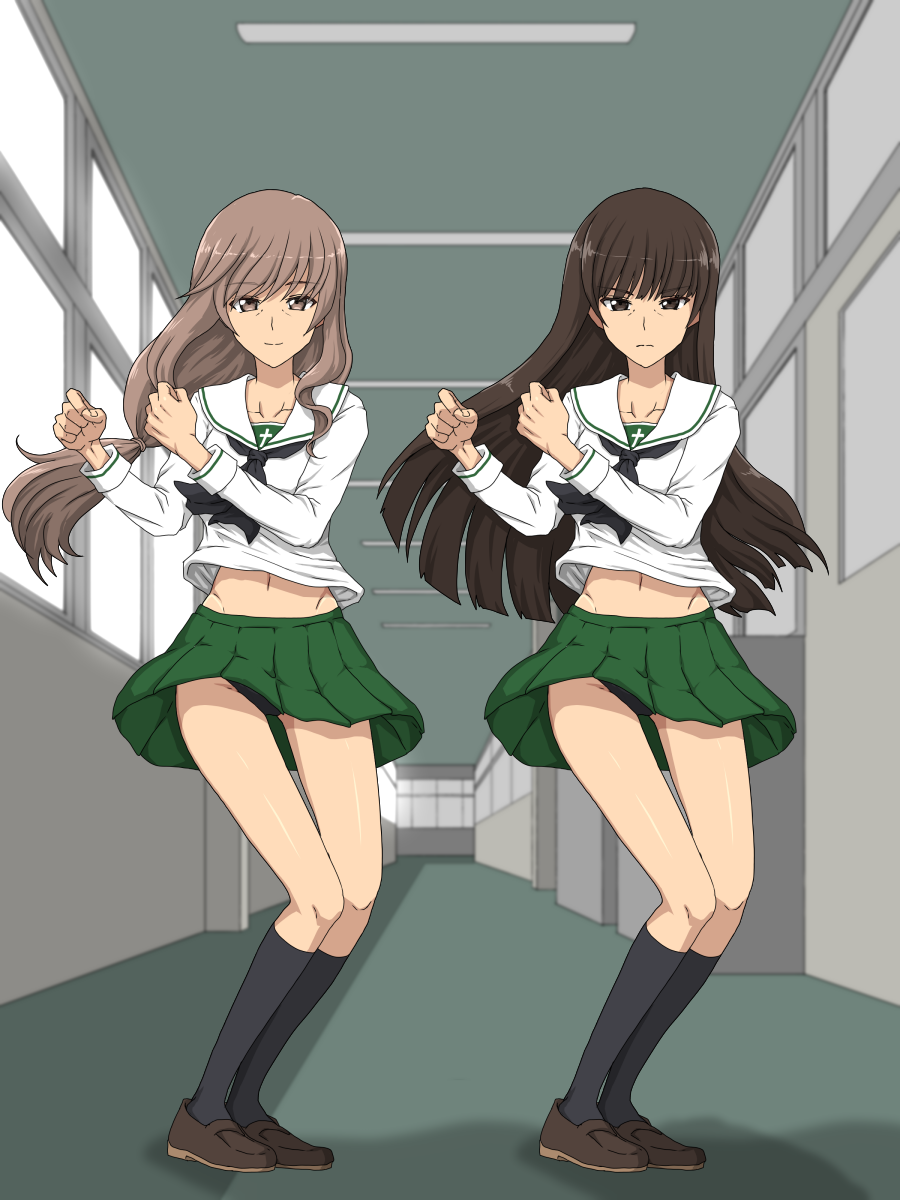 2girls, alternate_costume, black_eyes, black_hair, black_neckerchief, black_panties, black_socks, bling-bang-bang-born_(creepy_nuts), blouse, blunt_bangs, brown_eyes, brown_footwear, brown_hair, closed_mouth, commentary, dancing, frown, girls_und_panzer, green_skirt, half-closed_eyes, hallway, highres, indoors, itou_des, kneehighs, loafers, long_hair, long_sleeves, looking_at_viewer, low-tied_long_hair, mature_female, midriff_peek, miniskirt, multiple_girls, neckerchief, nishizumi_shiho, ooarai_school_uniform, panties, pantyshot, pleated_skirt, sailor_collar, school, school_uniform, serafuku, shimada_chiyo, shirt, shoes, side-by-side, skirt, smile, socks, standing, straight_hair, underwear, white_sailor_collar, white_shirt, window