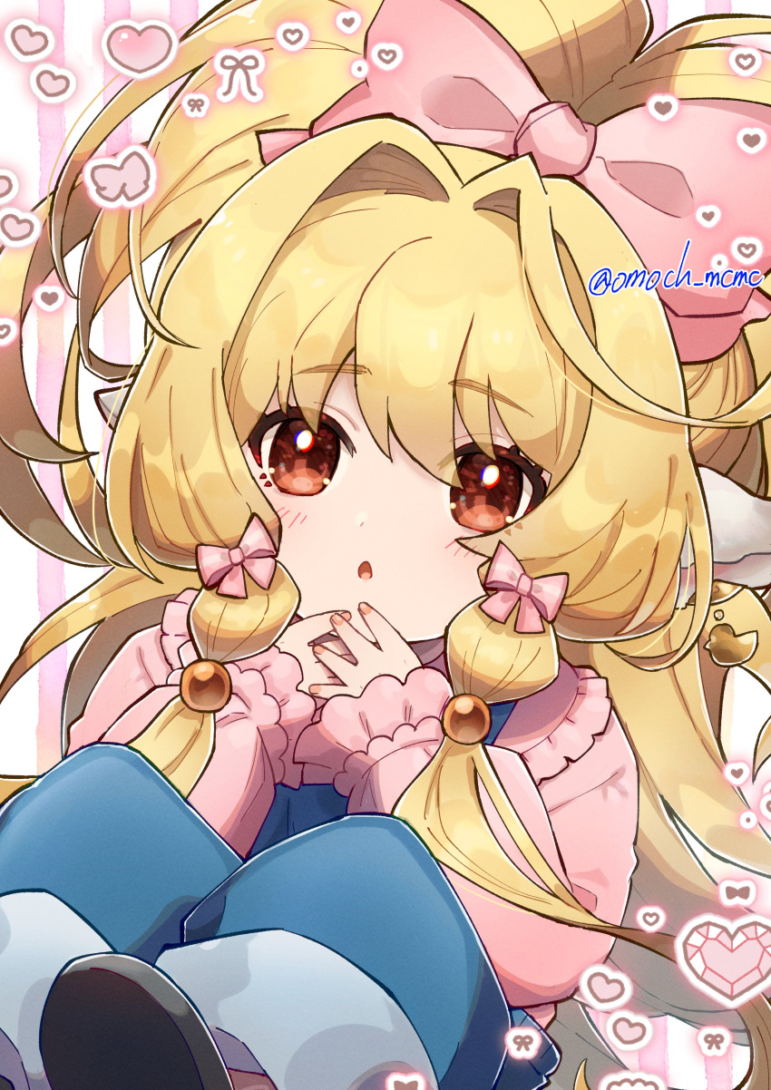 1girl, absurdres, beads, blonde_hair, blue_overalls, bow, granblue_fantasy, hair_beads, hair_ornament, harvin, highres, mahira_(granblue_fantasy), mochida_(omoch_mcmc), overalls, red_eyes, solo