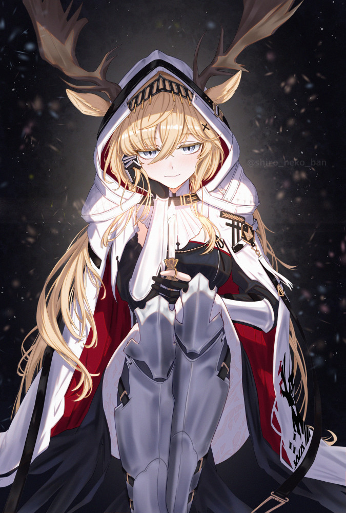 1girl, animal_ears, antlers, arknights, armor, blonde_hair, blue_eyes, candle, candlestand, cloak, commentary_request, deer_antlers, deer_ears, deer_girl, greaves, hair_between_eyes, holding_candle_stand, hood, hood_up, hooded_cloak, horns, looking_at_viewer, shironekoban, smile, solo, vambraces, viviana_(arknights), white_cloak