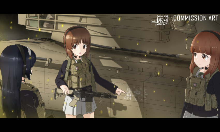 3girls, absurdres, anglerfish, ar-15, artist_logo, black_hair, blue_jacket, body_armor